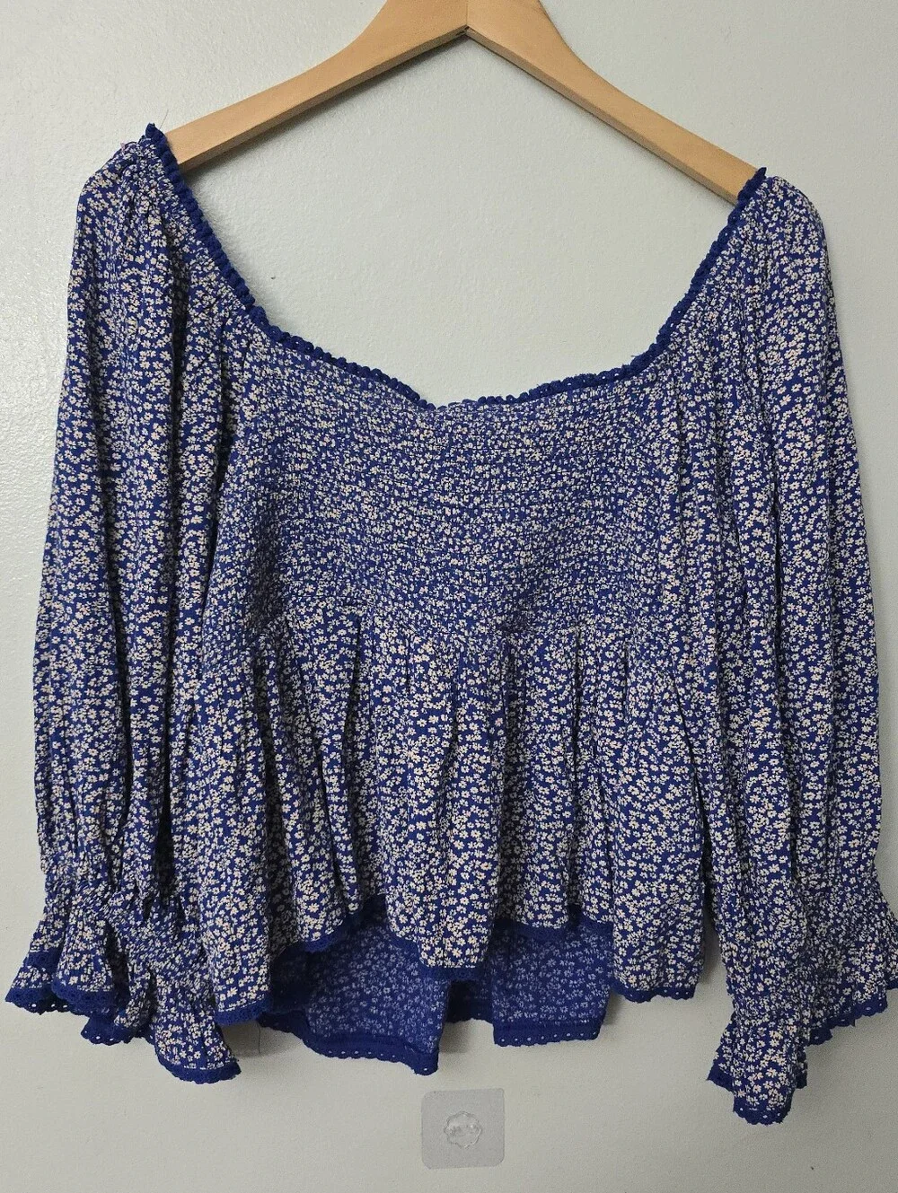 Free People Brittnee Print Smocked Blue Peplum Top Size S floral Ditzy